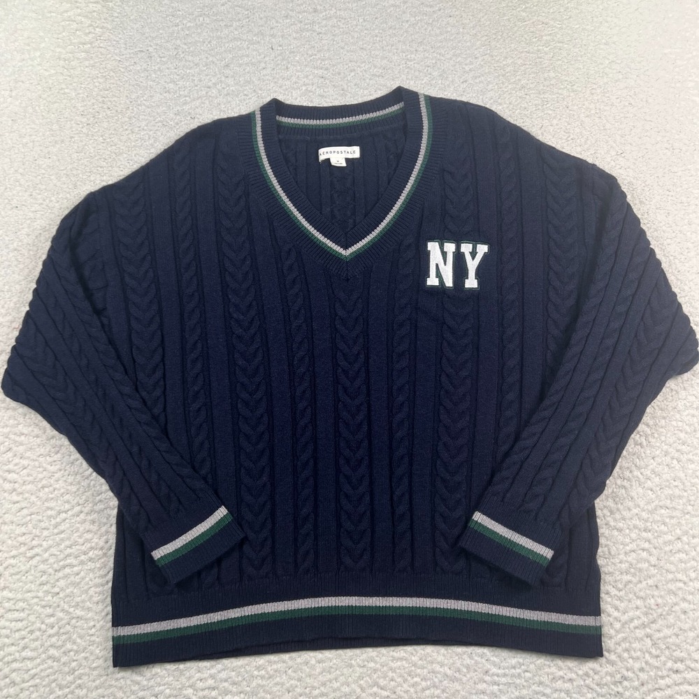 Aeropostale Cable Knit Sweater Mens Medium V-Neck NY Logo Stretchy Viscose Blend